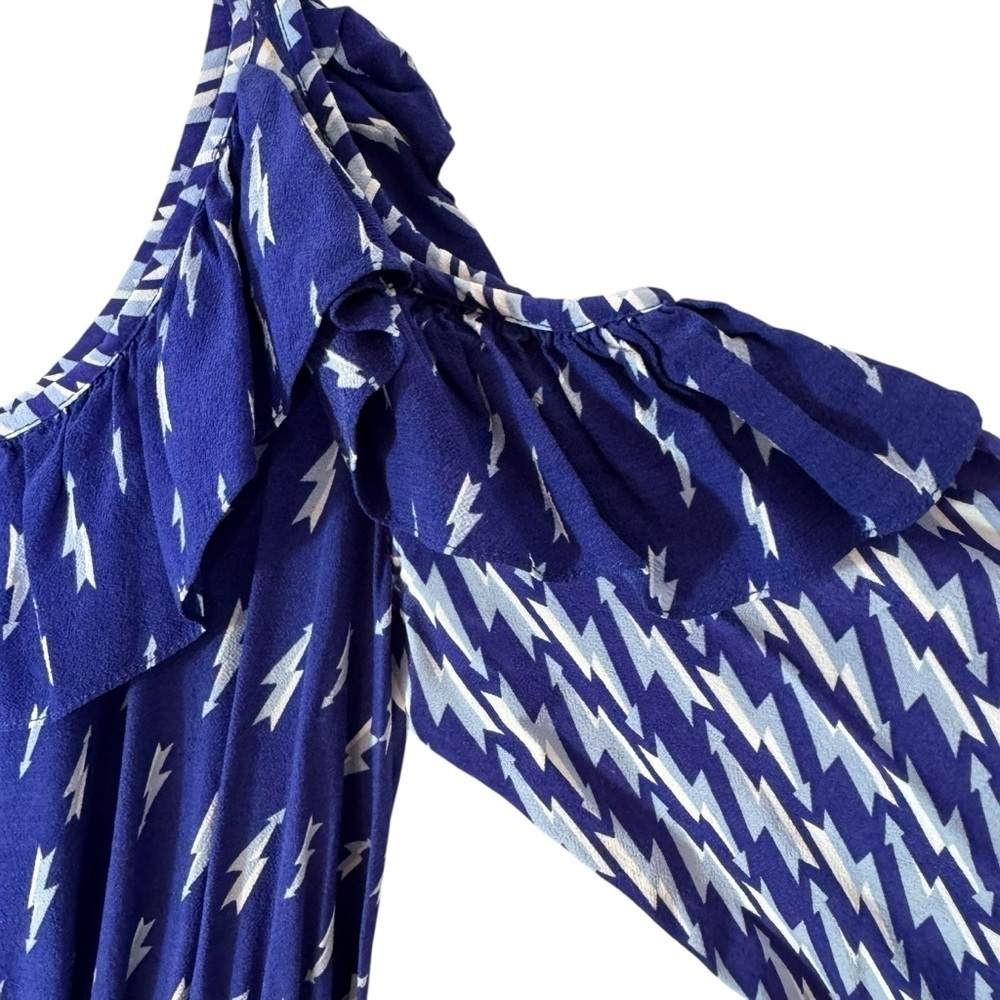 Sandro Lightning Bolt Bare Shoulder Crepe Midi Dress
Blue Kemila Size M - Picture 10 of 14